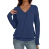 Spring and Autumn Women's Pullover Solid Color Pleated V-Neck Lantern Long Sleeve T-shirt Underlay Fashion Casual Elegant Tops