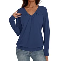Spring and Autumn Women's Pullover Solid Color Pleated V-Neck Lantern Long Sleeve T-shirt Underlay Fashion Casual Elegant Tops