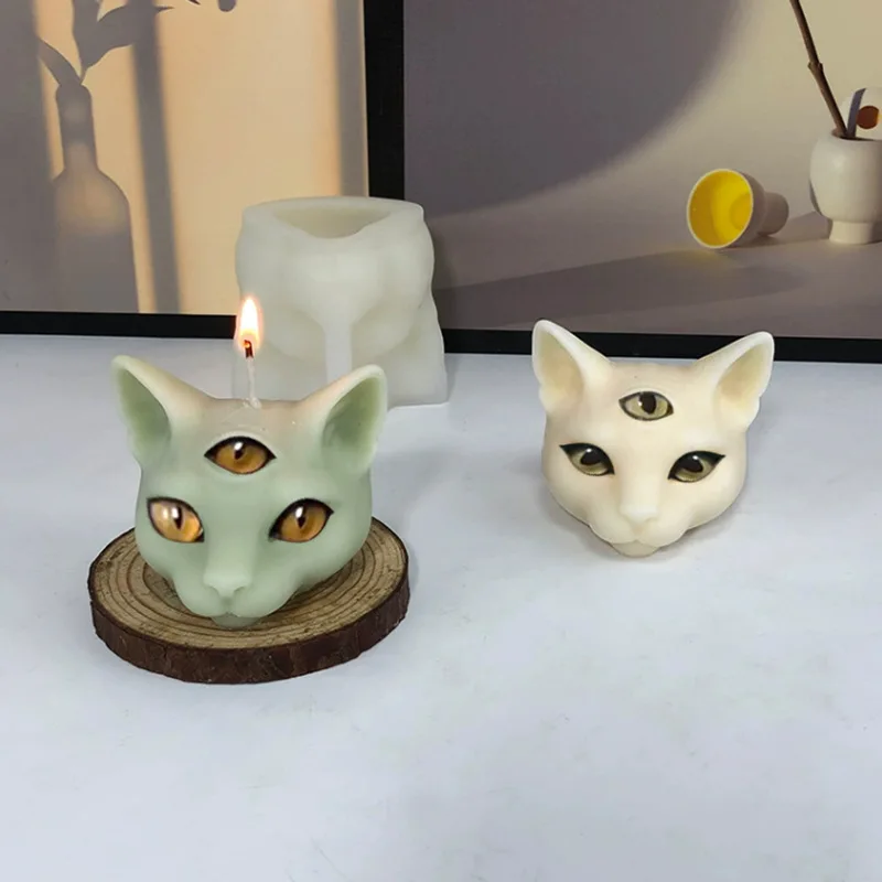 Three Eyes Cat Head Silicone Candle Mold 3D Animal Soap Plaster Resin Decorative Crafts Making Kit DIY Chocolate Ice Baking Mold
