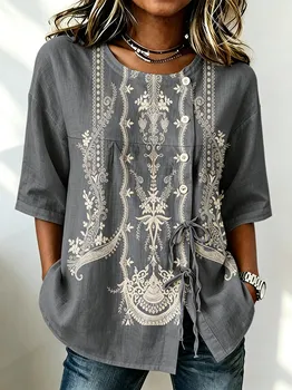 Women's Vintage Floral Embroidery Button & Tie Front Blouse, Casual Stylish Top for Spring Summer Daily & Versatile Wear 1