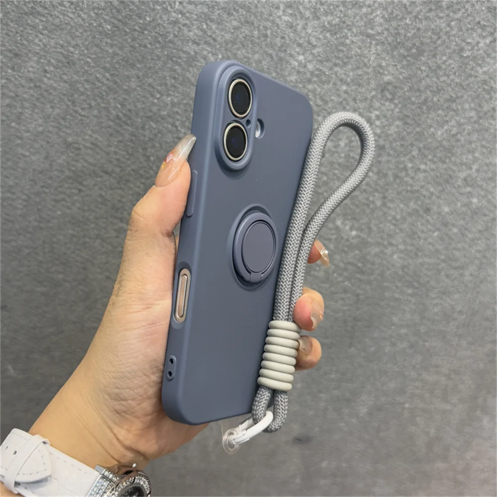 Luxury Solid Liquid Silicone Phone Case with Lanyard and Ring Holder - Matte Frosted Finish