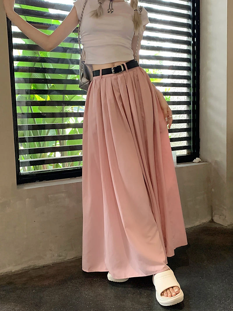 Long Skirts Women Loose Autumn Pleated High Waist Pure Temperament Chic Aesthetic Bottoms Harajuku Leisure Korean Fashion Faldas