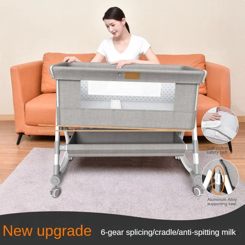 Movable Aluminum Alloy Baby Crib Portable Cradle Bed Foldable Multifunctional Newborn Spliced Bed