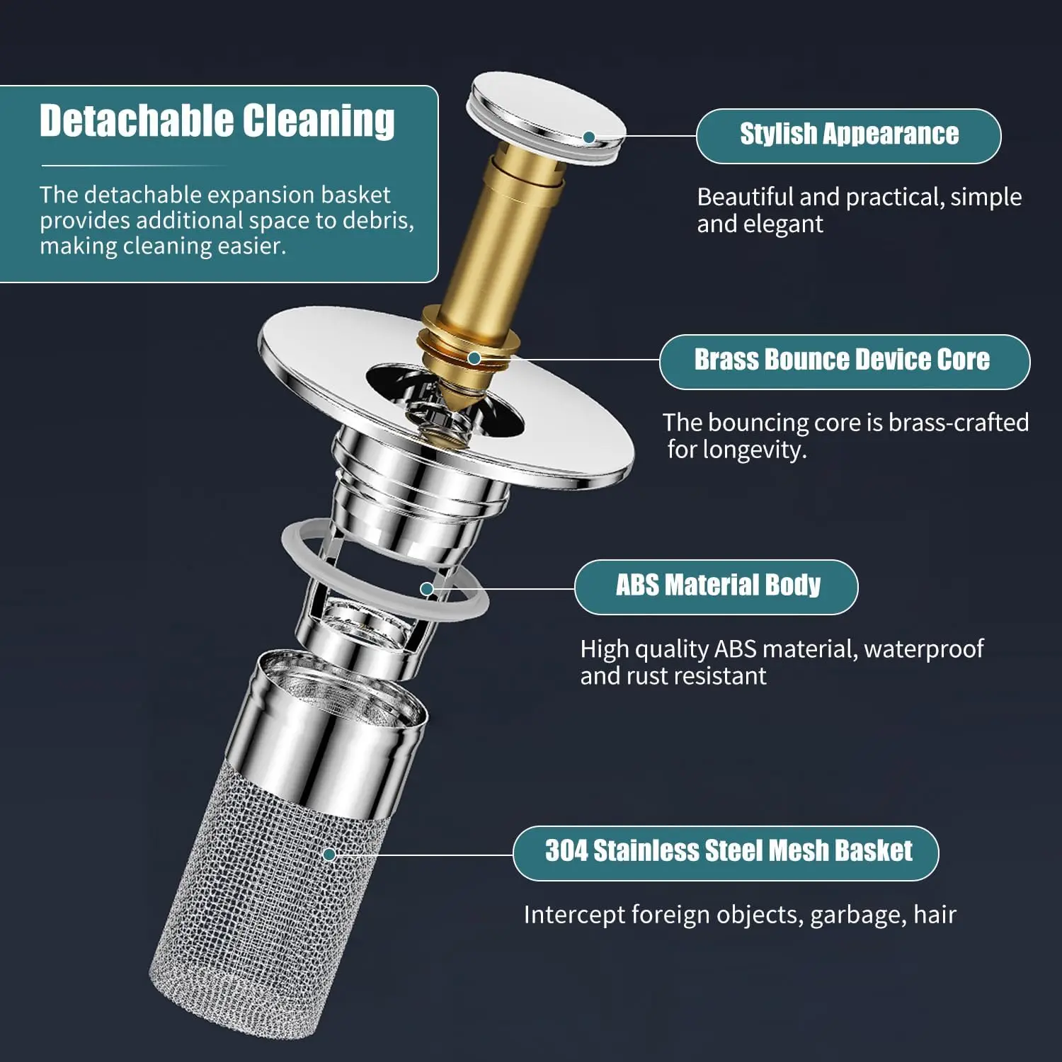 Universal Rebound Drain Plug Filter Metal Basin Pop-up Sink Filter with Hair Catcher Bathroom Sink Drain Stopper