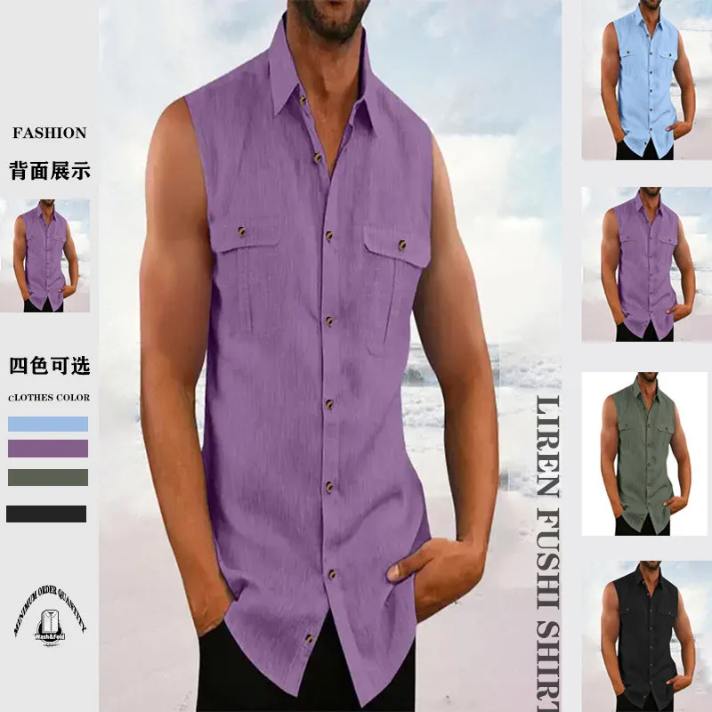 New Men's Minimalist Cotton and Hemp Solid Colored Sleeveless Shirt Beach Multi -color Casual Loose Shirt new multi colored thin stripes rainbow stripes sleeveless dress elegant women s sets women s summer suit