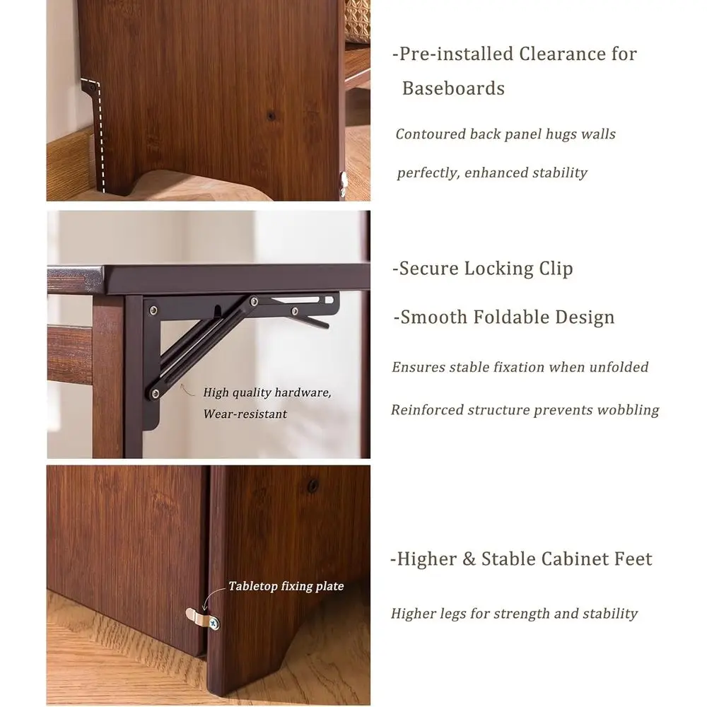 Compact Bamboo Desk with Built-in Bookshelf, Space-Saving Folding Workstation for Home Office, Vanity, and Kitchen