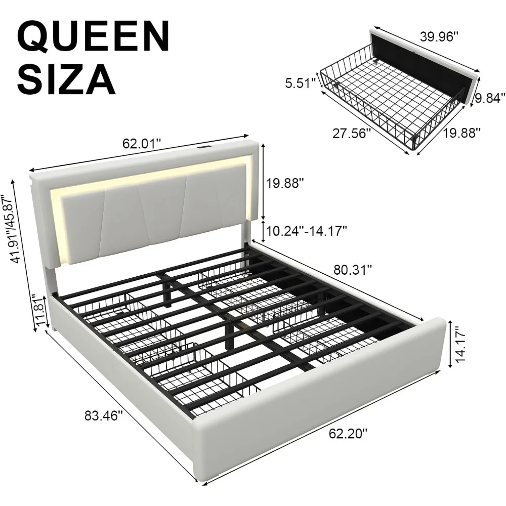 Queen Size Bed Frame with 4 Storage Drawers and LED Lights, Upholstered Platform Bed with Adjustable Headboard 6