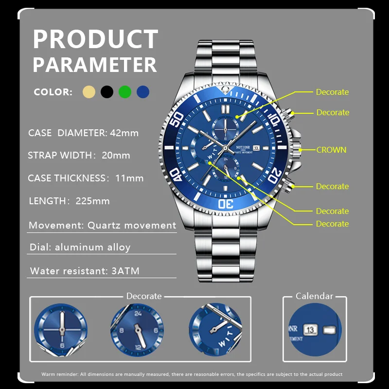 NOTIONR Luxury Fashion Mens Gold Watches Man Luminous Clock Men Business Calendar Stainless Steel Quartz Watch reloj hombre