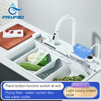 White Nano Stainless Steel Kitchen Sink Double Waterfall Integrated Digital Display Faucet Set Soap dispenser Cup Washer Crane 1