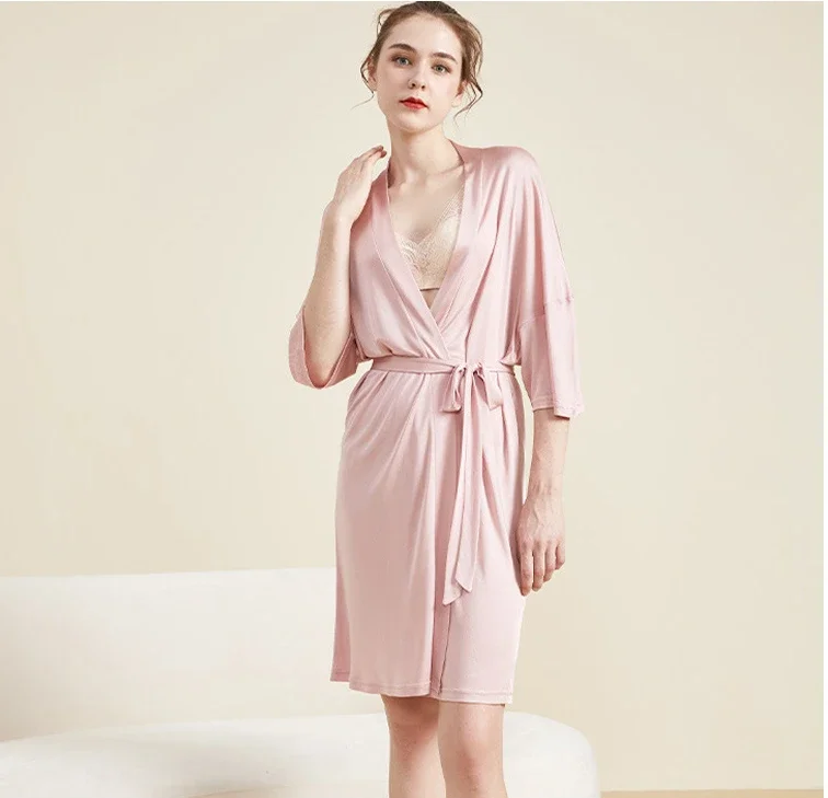 Women's New All Seasons Mulberry Silk Home Comfortable Long V-neck Lace Up Home Fur Sexy Nightgown Silk Pajamas for Lady
