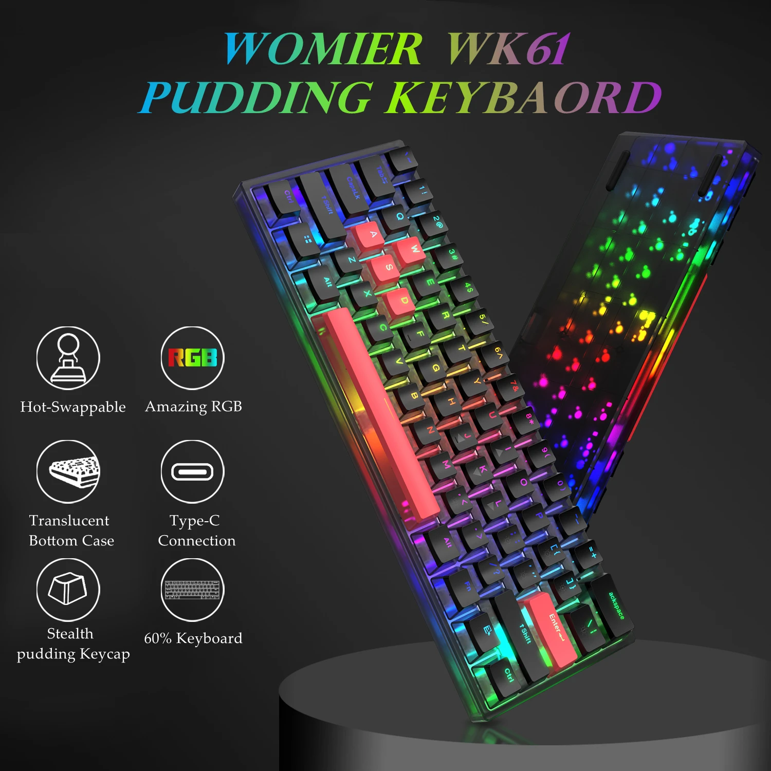 Womier WK61 Mini Portable Mechanical Keyboard Hotswap 60 Red Switch