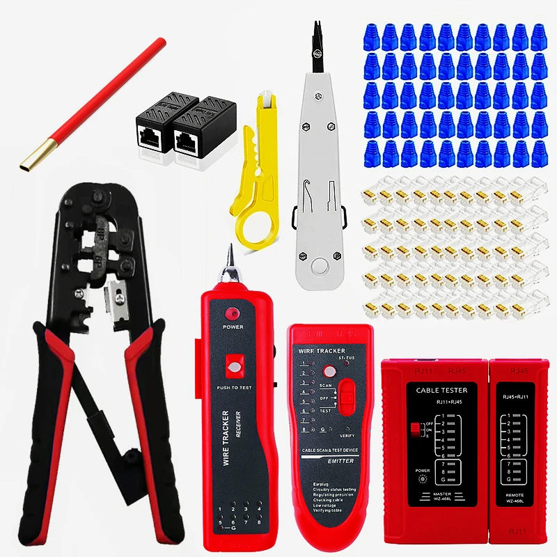 HTOC RJ45 Network Suit Crimp Tool Network Cable Loosener Wire Tacker Cable Tester 50PCS Connector And Cover(CAT5) 2PCS  Extender network wire tester Networking Tools