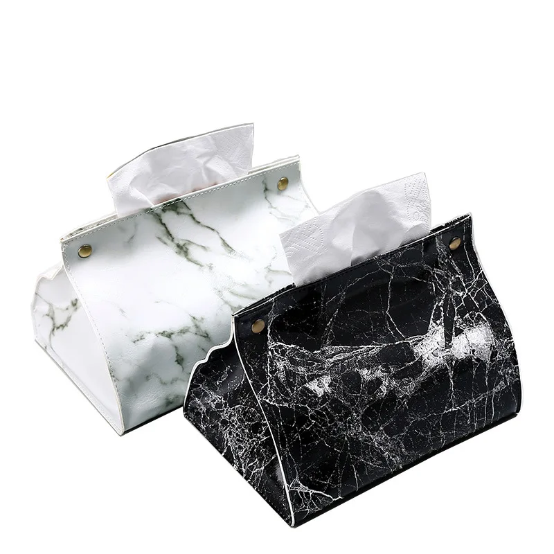 Tissue Case Box Container PU Leather Marble Pattern Napkin Holder Tissue Box Papers Bag Cosmetic Case Pouch Organizer Tissue Dispenser Tissue Box Napkin Holder