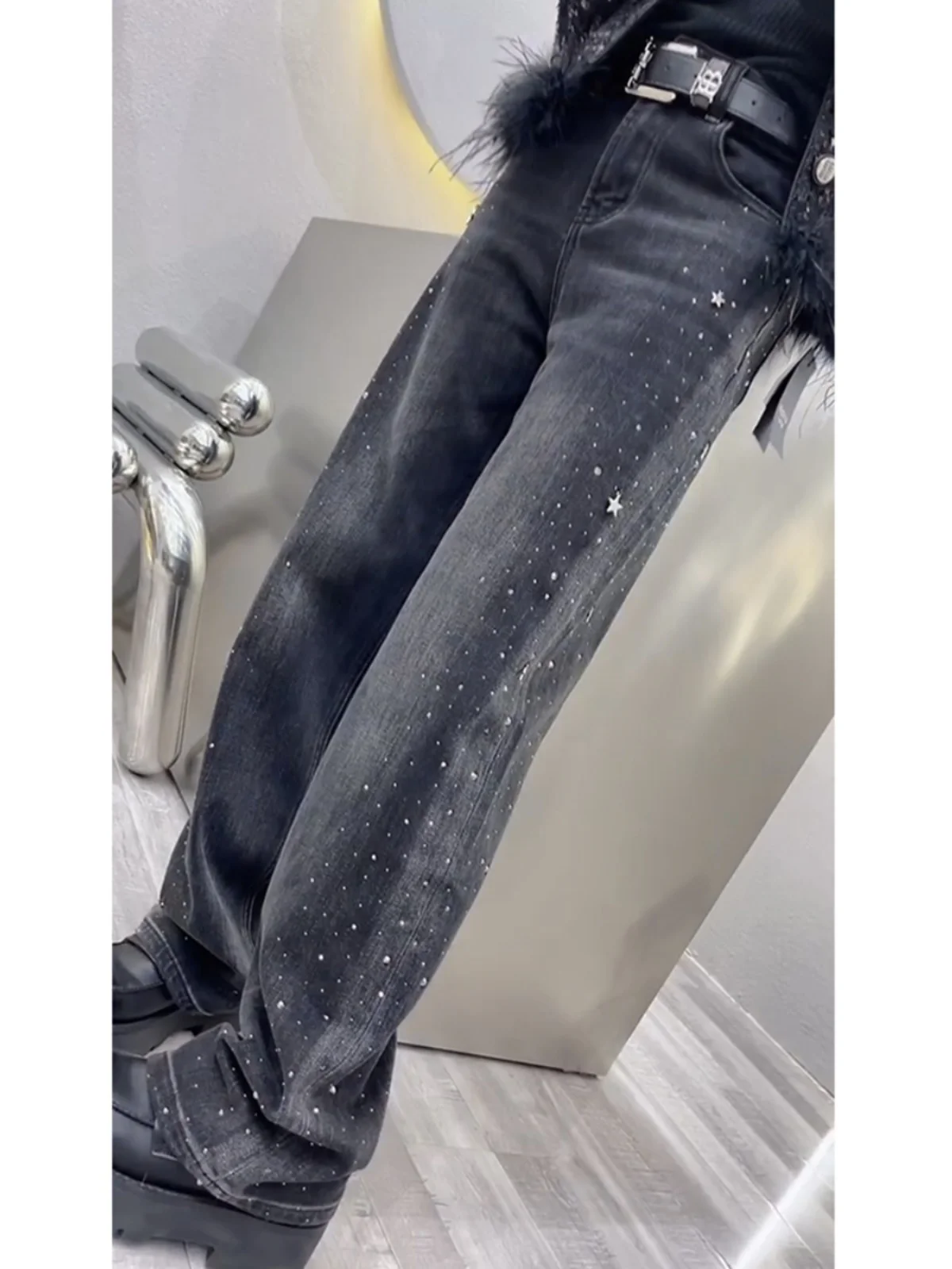 babysbreath-hot-drilling-jeans-for-women-2023-new-autumn-loose-high-waist-straight-pants-casual-black-grey-denim-long-trousers