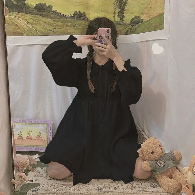 여성용 화이트 블랙 긴팔 로리타 드레스, 프릴 피터팬 칼라, 프레피 스타일, 귀여운 공주 요정, 봄 여름 드레스 