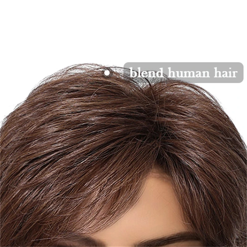 Short Pixie Cut Human Hair Blend Wigs For Women Chestnut Brown Layered Wavy Bob Blend Human Hair Wigs With Bangs Women Daily Wig