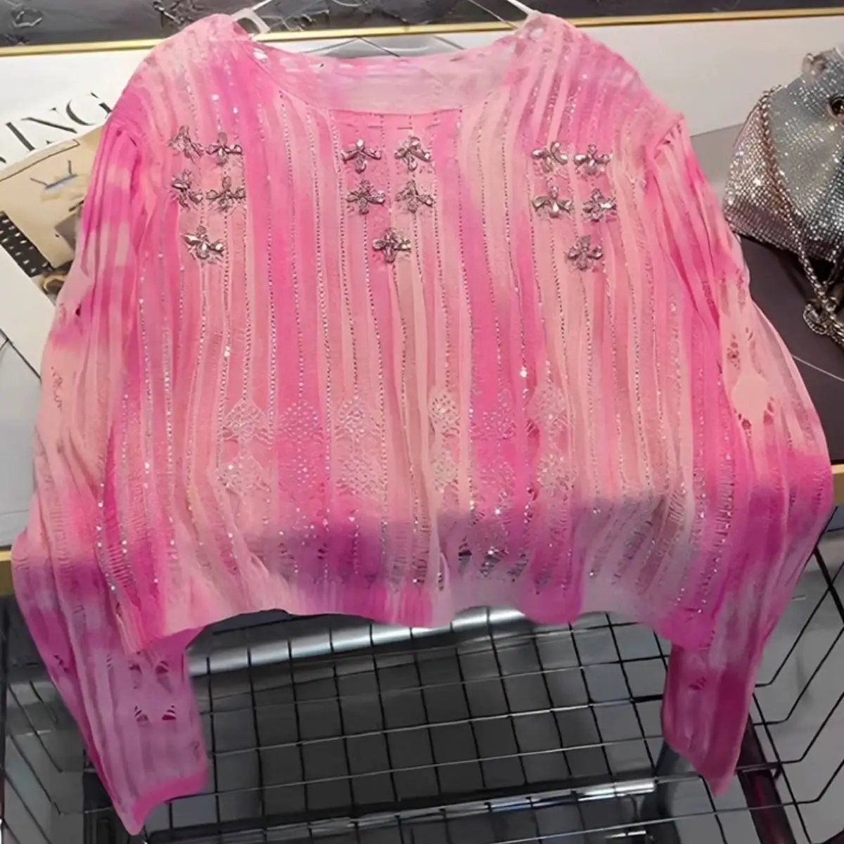 

High Street Autumn Beads Rhinestone Rainbow Color Ice Silk Knitted Sweater Women's Tie-Dyed Striped Hollow Out Pink Pullover Top
