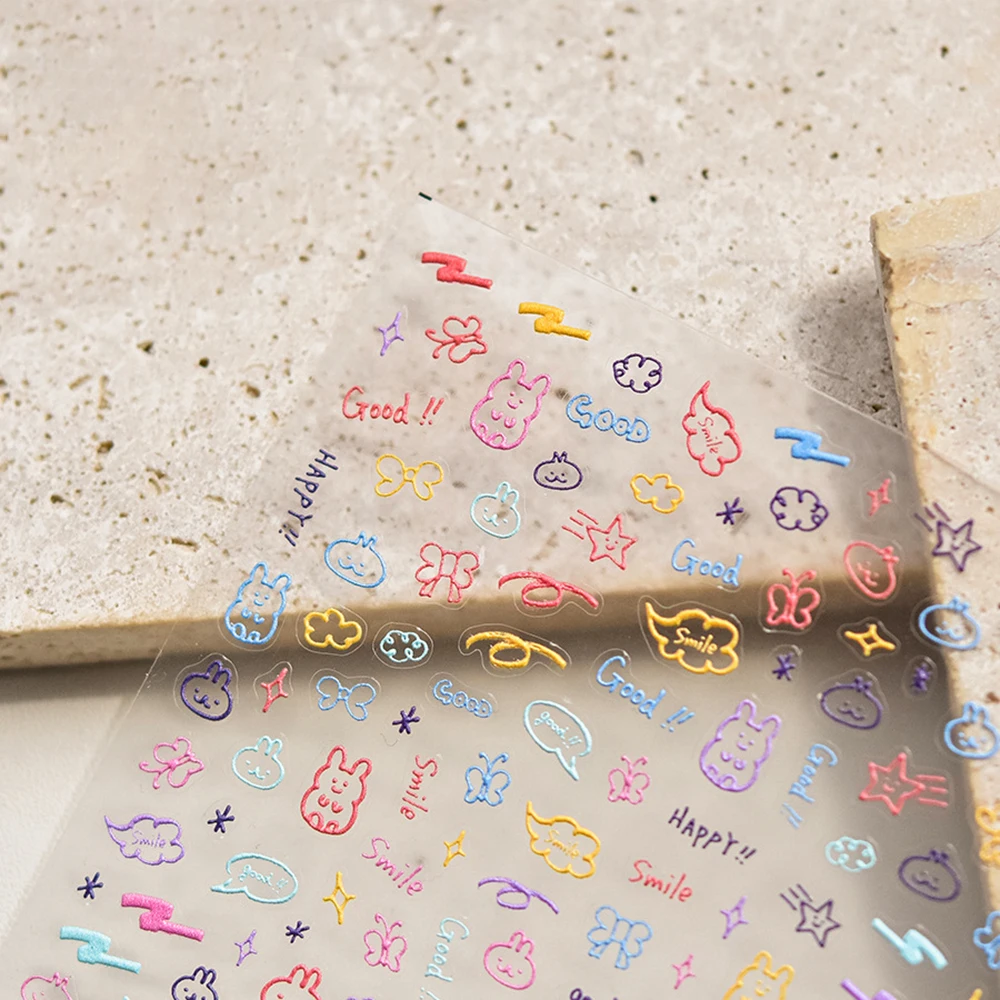 

Embossed Pattern Nail Art Stickers Rabbit Letter Simple Graffiti Line Colourful Cartoon Decals DIY Decorations Accessories