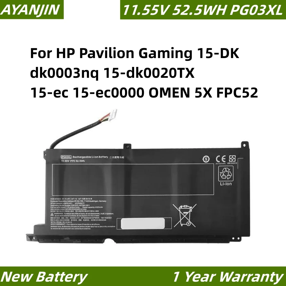 

PG03XL 52.5WH Battery For HP Pavilion Gaming 15-DK dk0003nq 15-dk0020TX 15-ec 15-ec0000 OMEN 5X FPC52 HSTNN-DB9G L48430-2B1