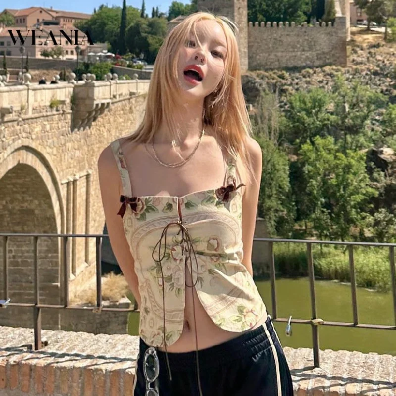 

Women Ins Cardigan Lace-Up Print Halter Tank