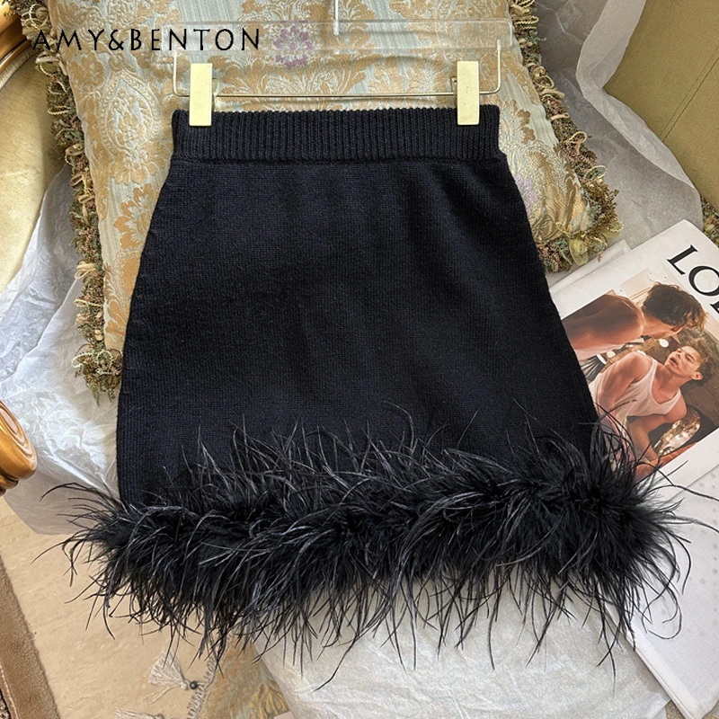 New Black Ostrich Feather Knitted Skirts Black Slimming Versatile 2023 Autumn Winter Elastic Waist Sweater Skirt Women's Clothes