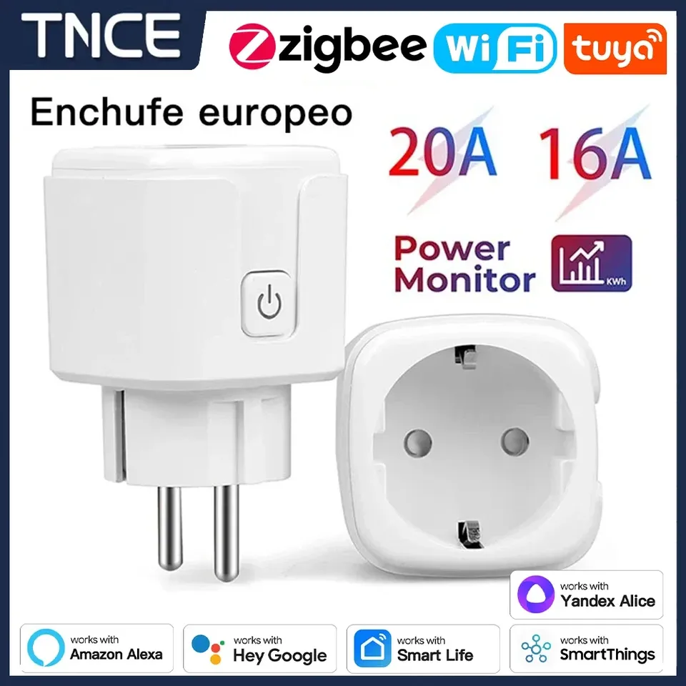TNCE Tuya EU Plug Zigbee or WIFI 16/20A, Smart Socket With Power Monitor Timing, Voice Control Work with Alexa Google Home Alice