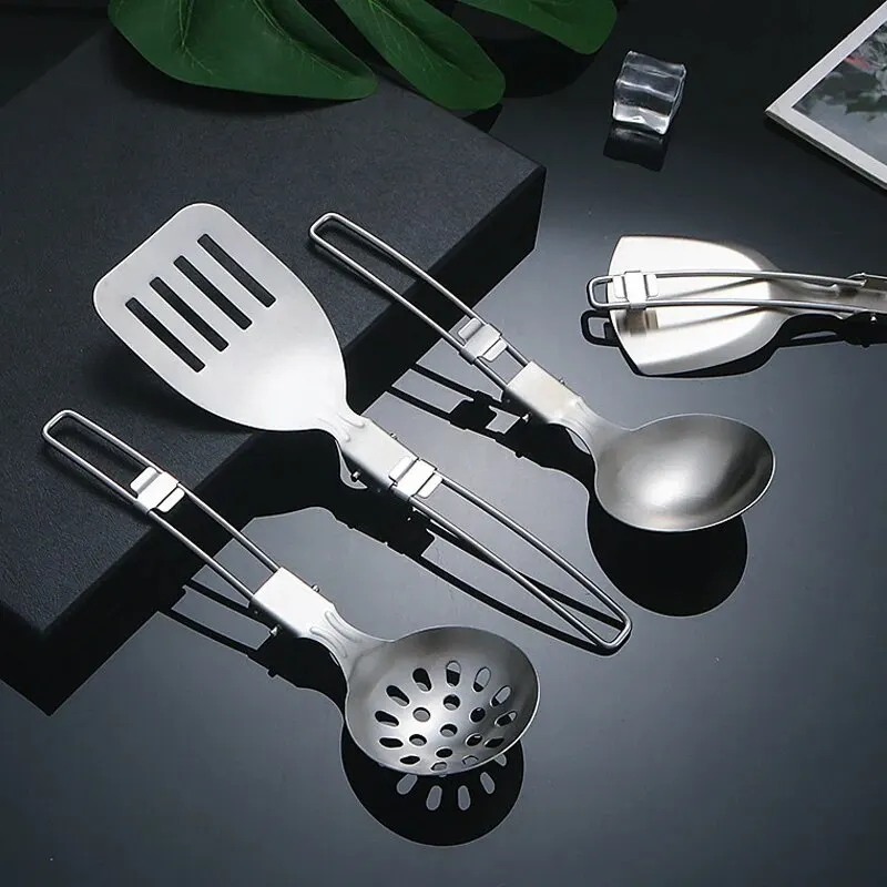 Kitchen Utensils 304 Stainless Steel Portable Kitchen Utensils Outdoor Picnic Camping Spatula Spoon Multifunctional Folding