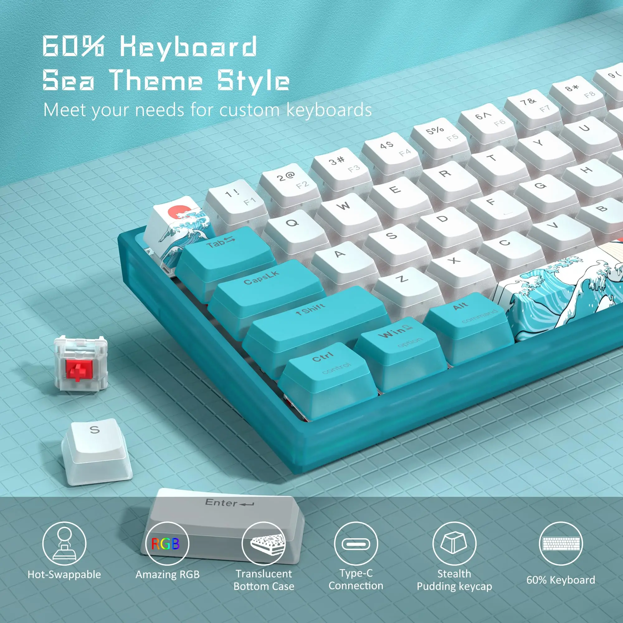Teclado Gaming Wk61 Rgb Wired Hot-swappable Blue Sea Theme Pbt Keycaps para Windows pc Gamers Wk61-mechanical - Imagem 6
