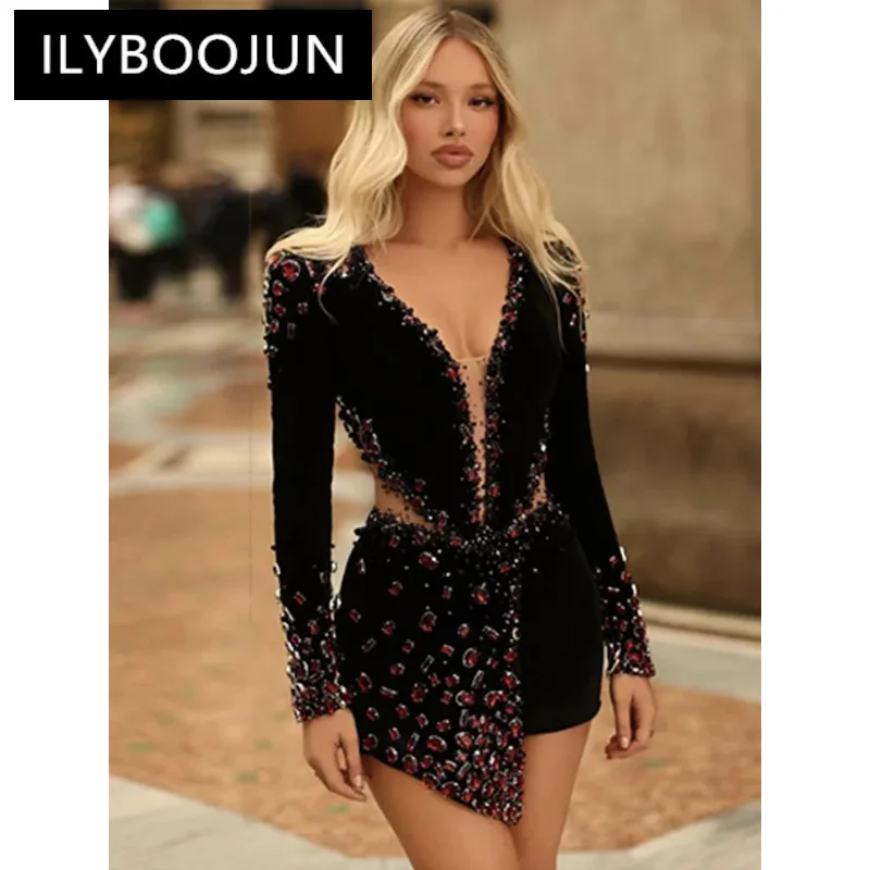 

ILYBOOJUN Winter Fashion Women Sexy Long Sleeve Mesh Beading Black Mini Bandage Dress 2023 Designer Stage Singer Party Dress