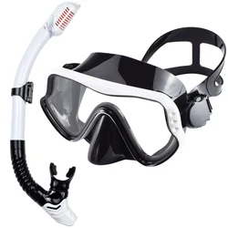 Adult Panoramic View Scuba Mask & Snorkel Set for Professional Diving and Swimming Training (BlackWhite)