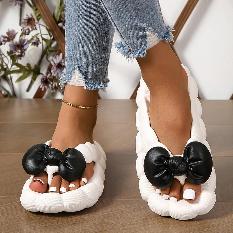 Women's Fashion Bow Designer Summer Slippers Thick Sole Flip-Flops