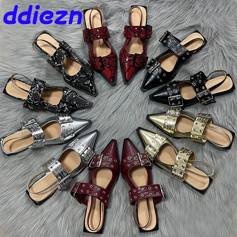 New Designer Luxury Women Flat With Sandals Shoes Buckle Fashion Pointed Toe Ladies Flats Shoes Slingback Female Sandals Mules