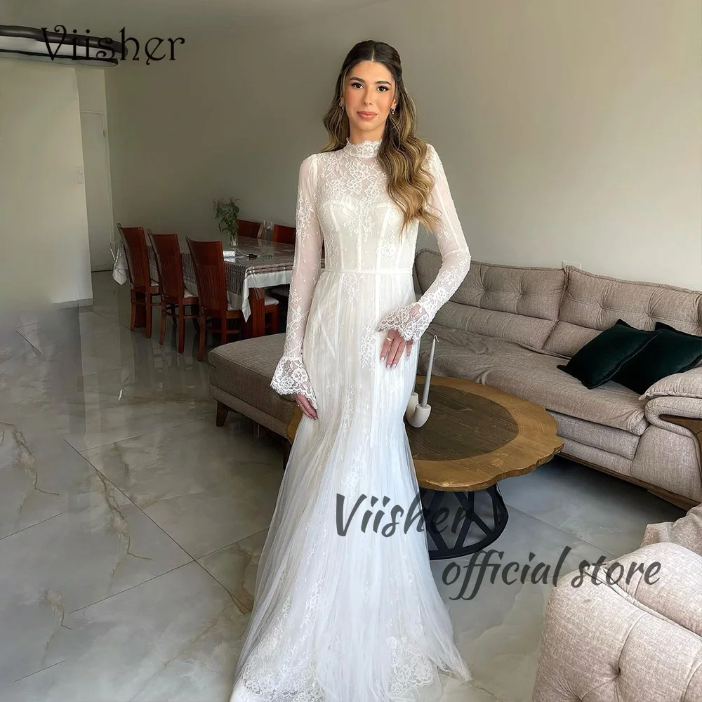 

Viisher Luxury Lace Tulle Israel Mermaid Wedding Dresses Full Sleeve High Neck Elegant Bride Dress Customized Long Bridal Gowns