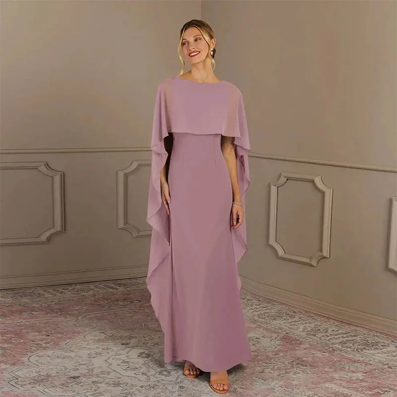 

Simple Mother of the Bride Dress Jewel Neck Floor Length Chiffon Sleeveless Side Draping Groom Mother Dresses For Weddings