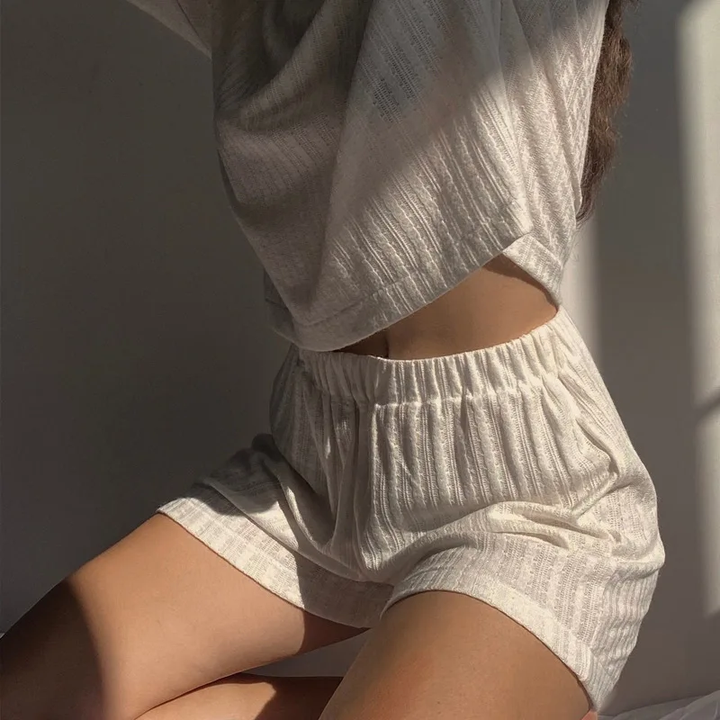 2024 Spring and Summer Casual Set Sexy Navel Dew Waist Pure Color Fresh Long Sleeve Shorts Women's Two Pieces Set