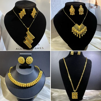 Dubai Fashion Women's Flower Sweater Long Necklace 24K Gold-Plated Middle Eastern Luxury Flower Earrings Copper Jewelry Two-Piec