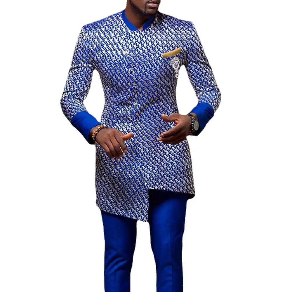 Pakistan Islamic Clothing Arab Tunic Men Kaftan Islamic Standing Collar Casual Blue Pattern Men's Long Sleeve Shirt Muslim Sets