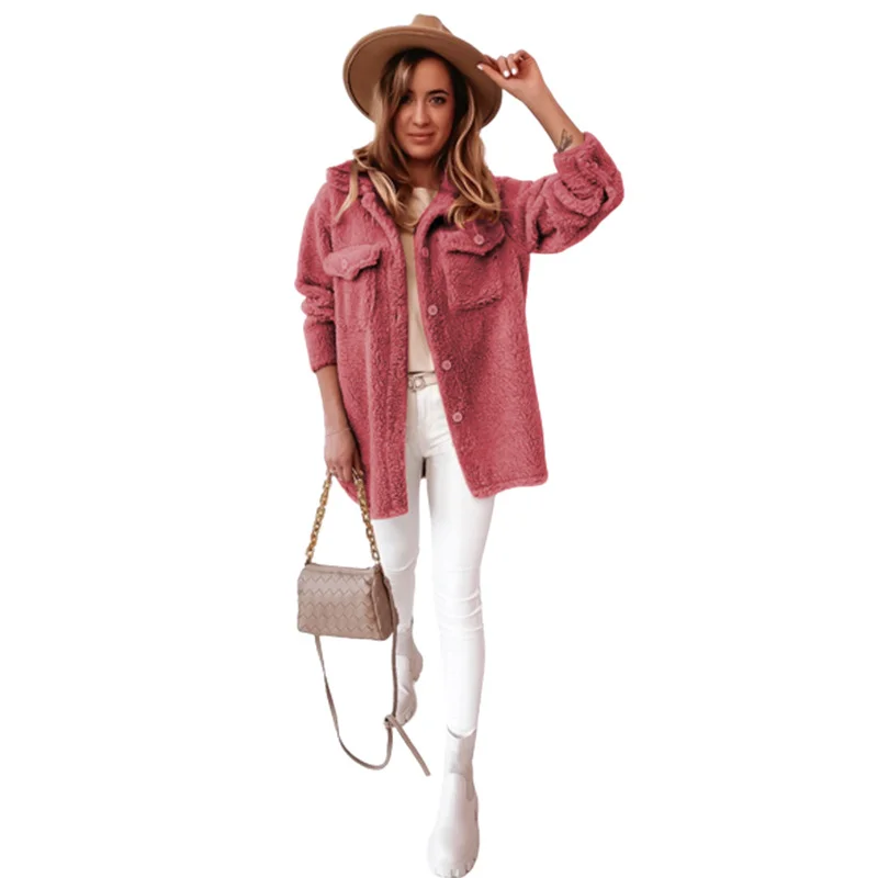 Pure Color Warm Faux Fur Pocket Lamb Wool Single-breasted Temperament Jacket Women Autumn and Winter Street Style New Jacket