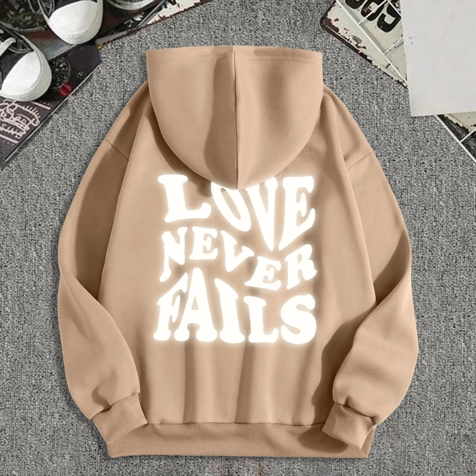 

Women Casual Hooded Long Sleeve Reflective Graphic Love Never Fails T Shirt (with Pockets) Hooded Solid Oversized Sweatshirt