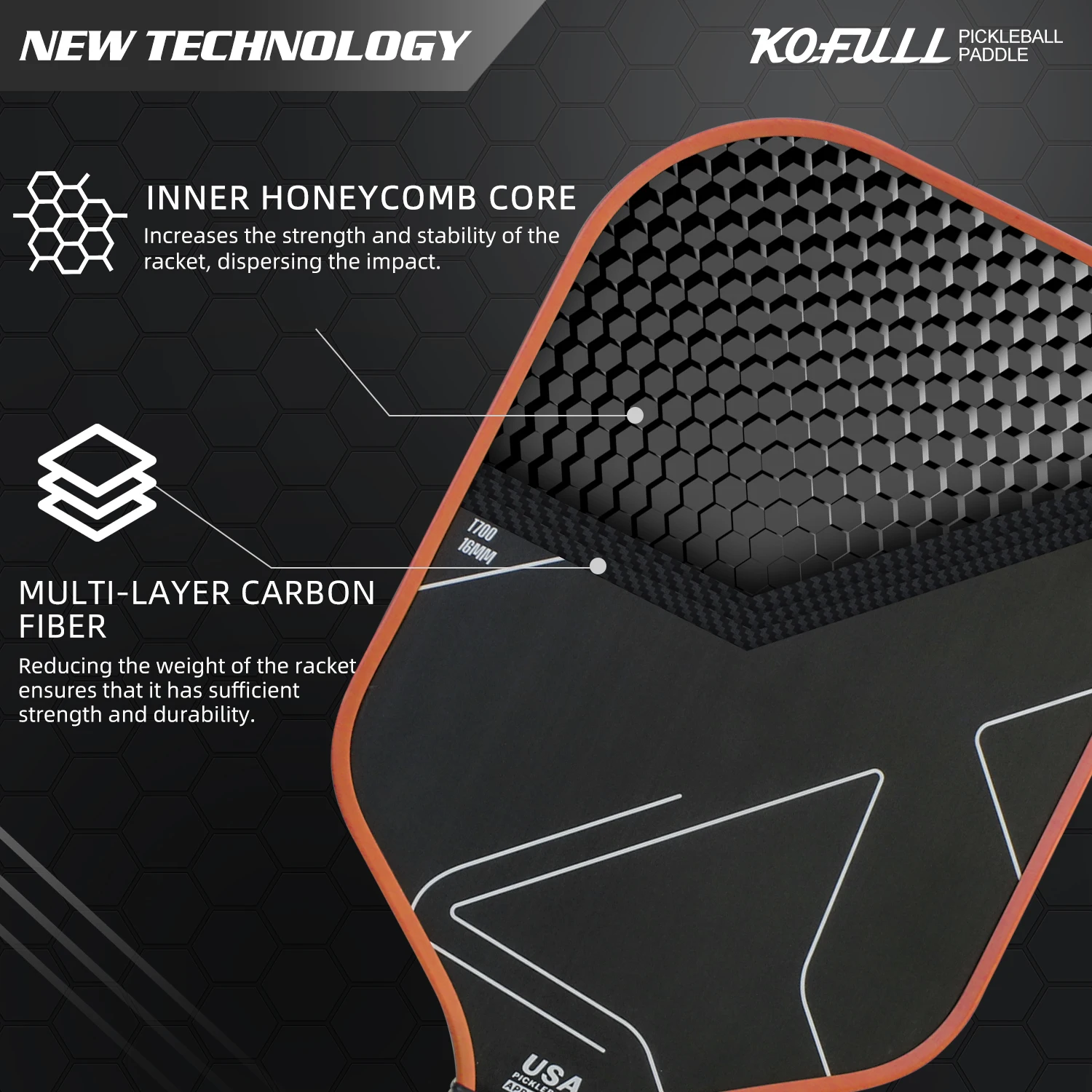 KOFULL Pickleball Paddles T700 Carbon Fiber with PP Honeycomb Core Professional Tournament Hot Press USA Pickleball Approved