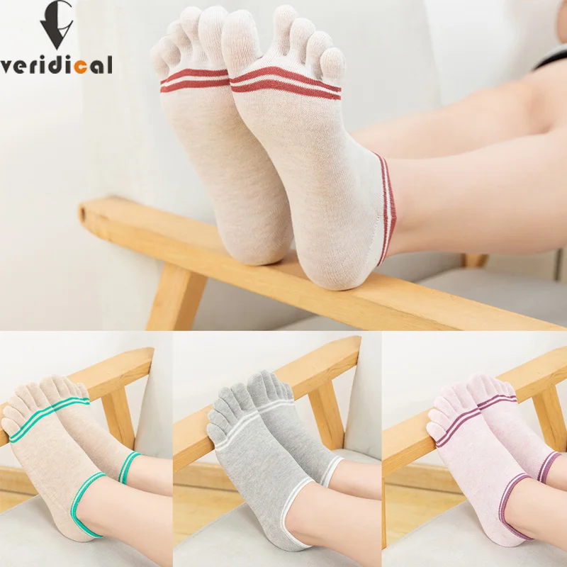

5 Pairs Summer No Show Toes socks Pure Cotton Solid Striped Casual Soft Breathable,Deodorant,Invisible 5 Finger Socks Harajuku