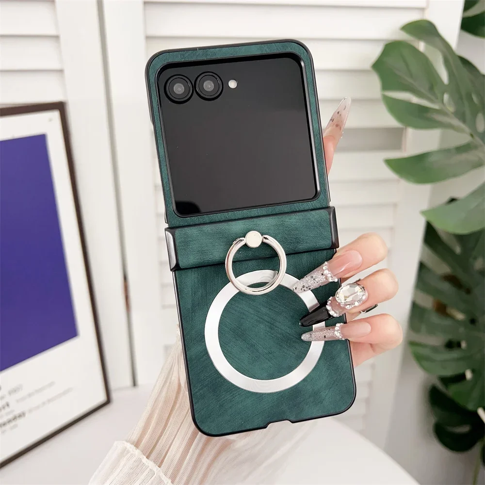 Wireless Charging Leather Shockproof Phone Case with Ring Hinge Protective Cover