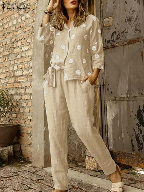 2 Piece Outfits for Women Summer Casual Elastic Waist Palazzo Pants + 3/4  Sleeve Button Down Shirt Sets