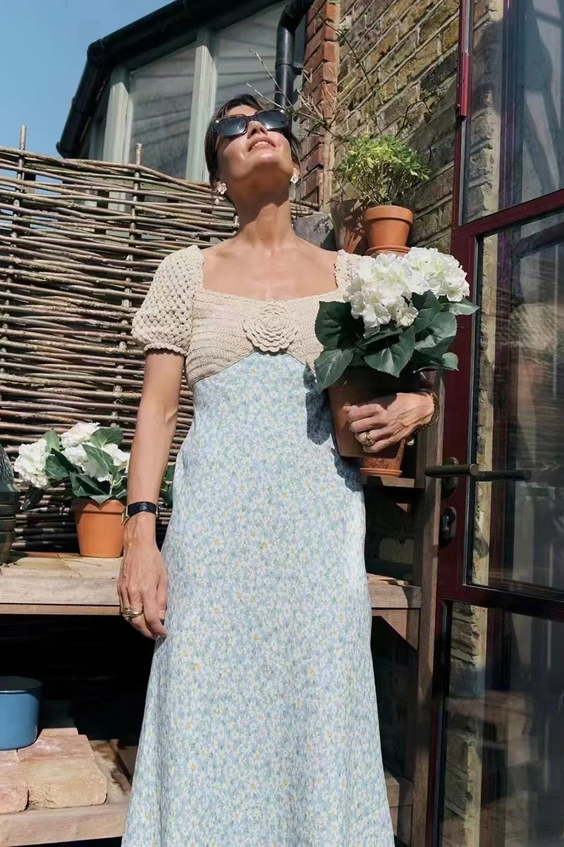Women Romantic Hand Crocheted Vintage Square Collar Floral Print Patchwork  Slim Knit Pastoral Dress