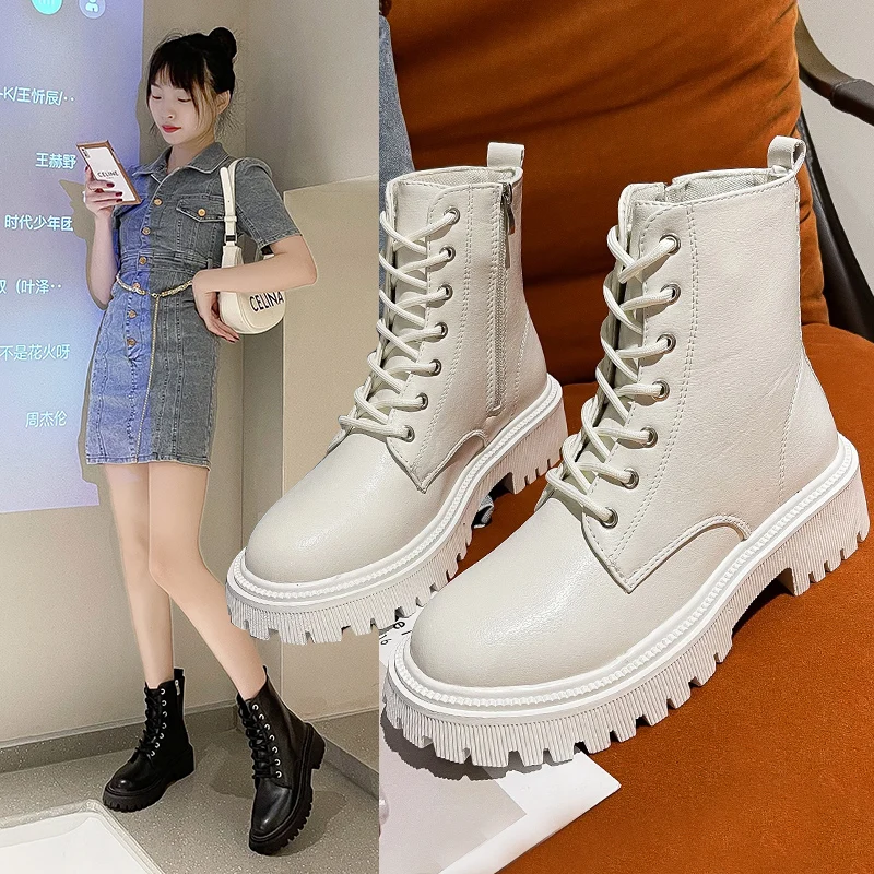 2023 Summer Autumn Women Ankle Boots Classic Beige Black Leather Gothic Punk Shoes Mid Heels Short Combact Boots Platform Shoes
