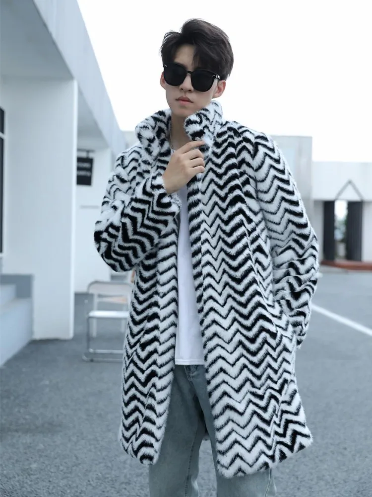 Description Picture 3 of itemWinter Thick Warm Faux Fur Coat Men Stand Collar Colors Mixed Striped Plush Overcoat Fashion Artificial Fur Mid Long Trench Coat