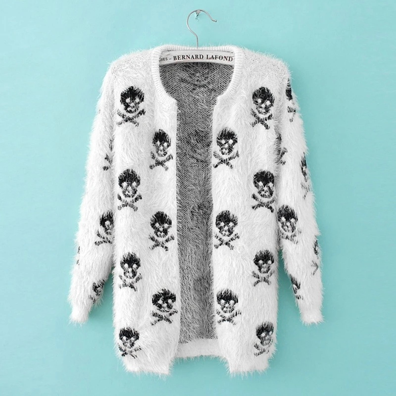 Women Furry Mohair Sweater Cardigan Long Sleeve Skull Print Knitwear Midi  Coat - AliExpress