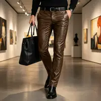 Pantalon droit en simili cuir pour hommes, coupe slim, décontracté, streetwear, pour le bureau, les voyages quotidiens 6