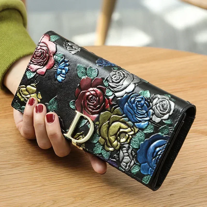 Embossed Genuine Leather Women's Retro Long Clutch Wallet