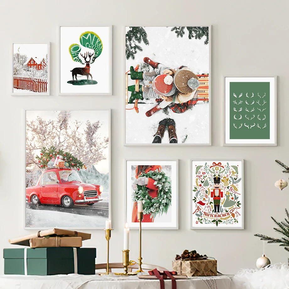 

Snowman Sleigh Door Antlers Christmas Quotes Wall Art Posters Prints Nordic Canvas Painting Landscape Pictures For Living Room